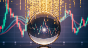 A futuristic AI signal generation dashboard with glowing neural networks, probability bars, green/red buy & sell signals, and teal fintech visuals.